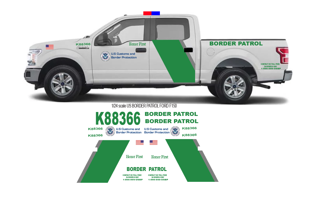 1/24 Scale Ford F-150 US Border Patrol Waterslide Decals Sheet – Custom Laser Printed Diecast Graphics (Approx. 4 Sets) | Badboys Creations