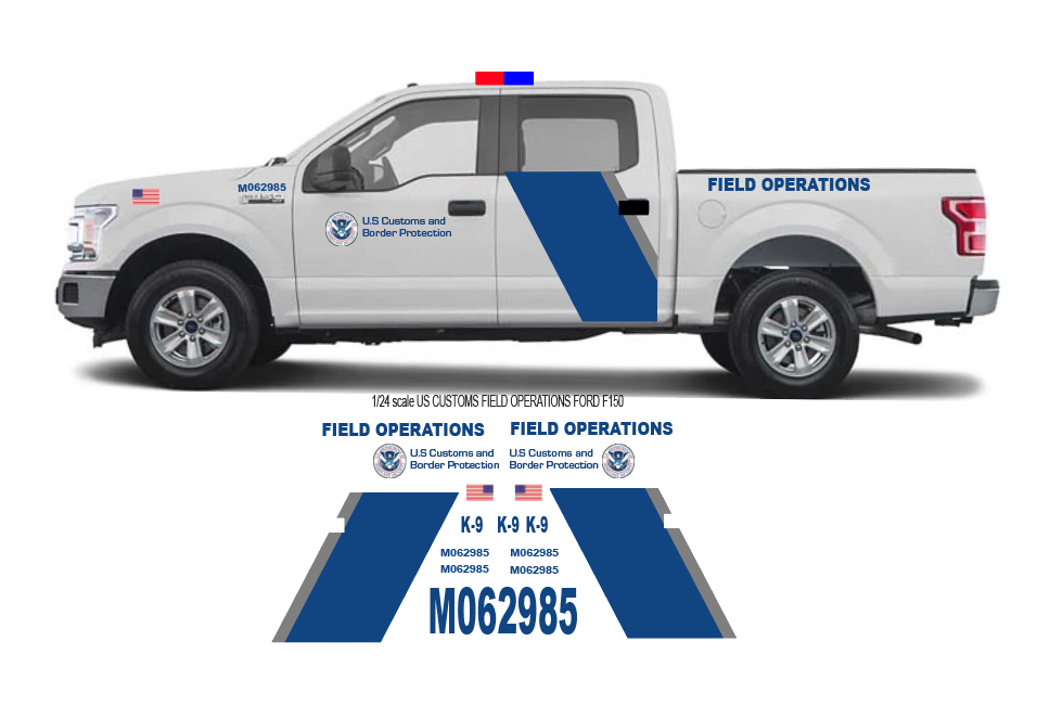 1/24 scale US Customs Field OPPS Patrol Waterslide Decals To Fit the Motormax Ford F150