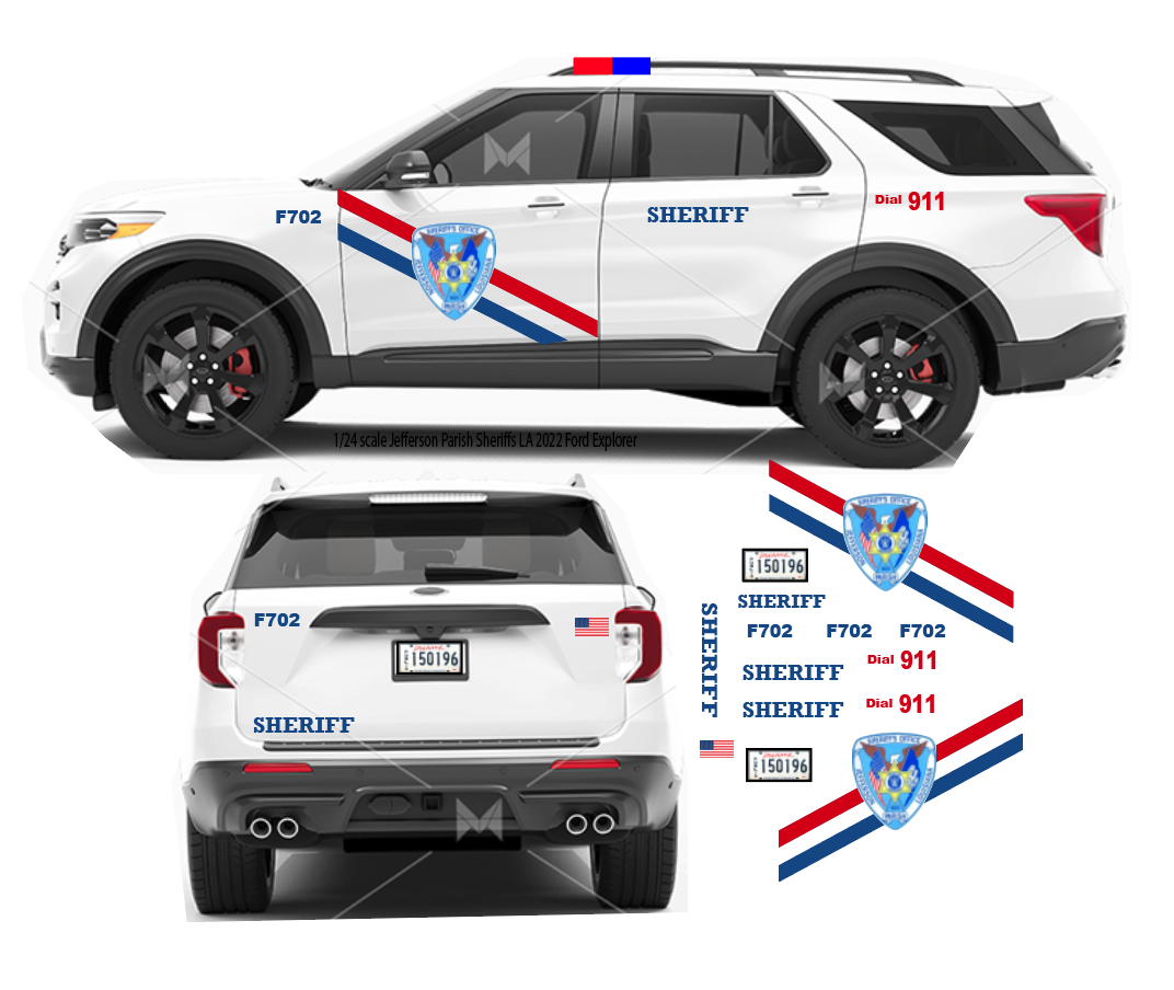 1/24 Scale 2022 Ford Explorer Jefferson Parish Louisiana Sheriff Waterslide Decals – Custom Laser Printed – Badboys Creations