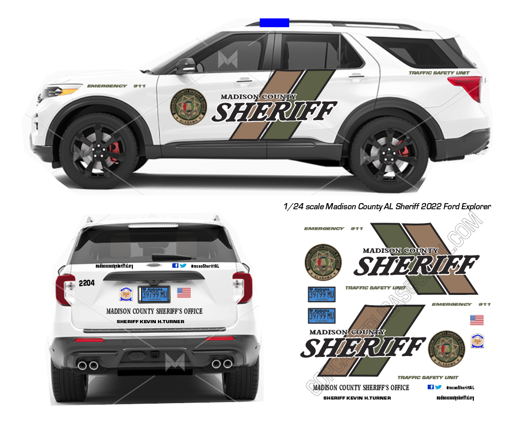 1/24 Scale Madison County Alabama Sheriff 2022 Ford Explorer Waterslide Decals β Custom Police Graphics β High Quality Laser Printed β Badboys Creations
