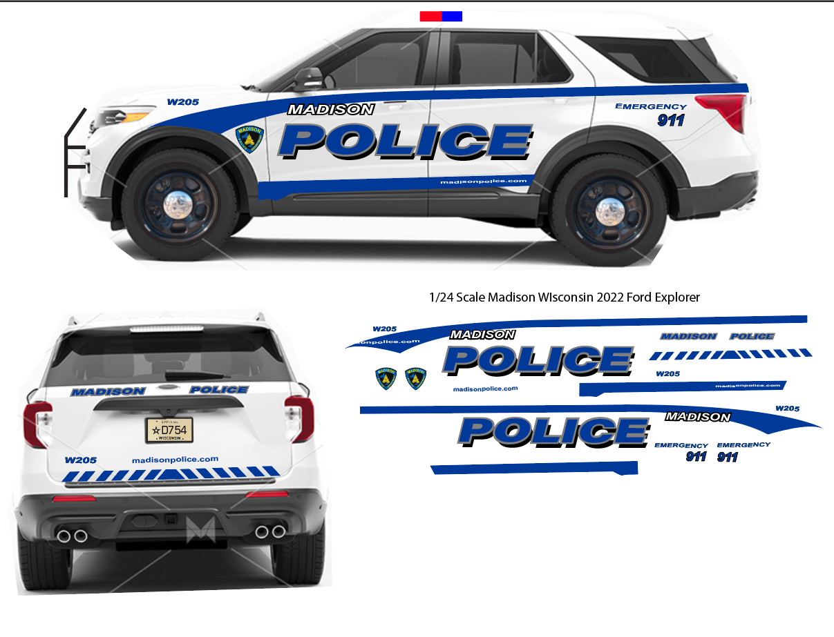 1/24 scale Madison Wi Police Waterslide Decals For 2022 Motormax Ford Explorer