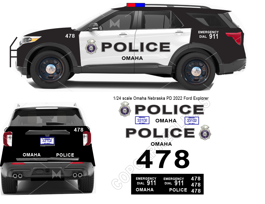 1/24 Scale Omaha Nebraska Police Waterslide Decals To Fit 2022 Motormax Ford Explorer