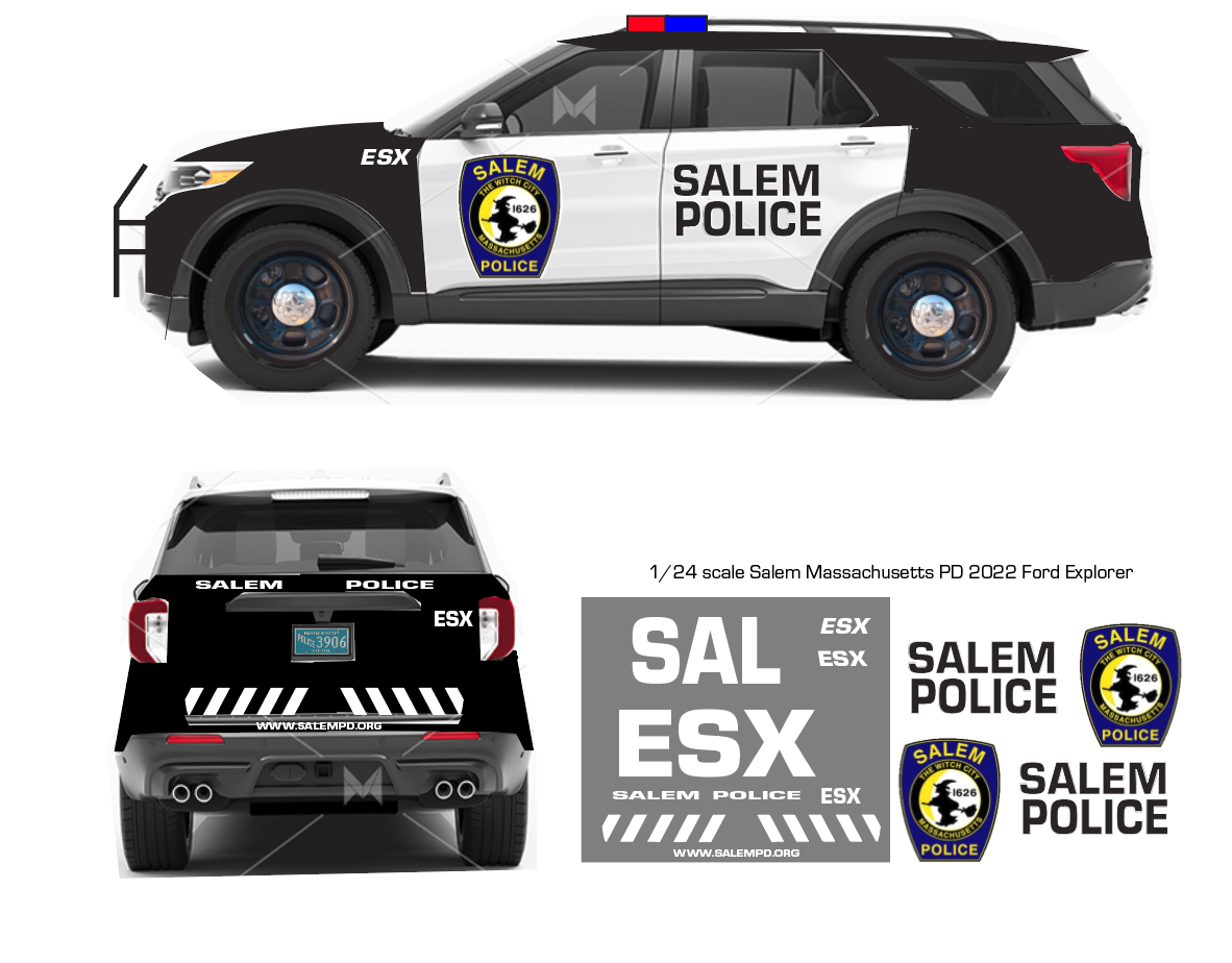 1/24 Scale Salem Massachusetts Police 2022 Ford Explorer Waterslide Decals | Custom Laser Printed | Badboys Creations | badboyscreations.com