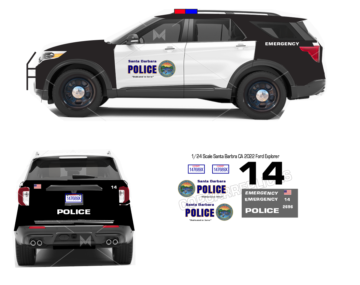 1/24 scale Santa Barbra CA Police Waterslide decals to Fit 2022 Motormax Ford Explorer