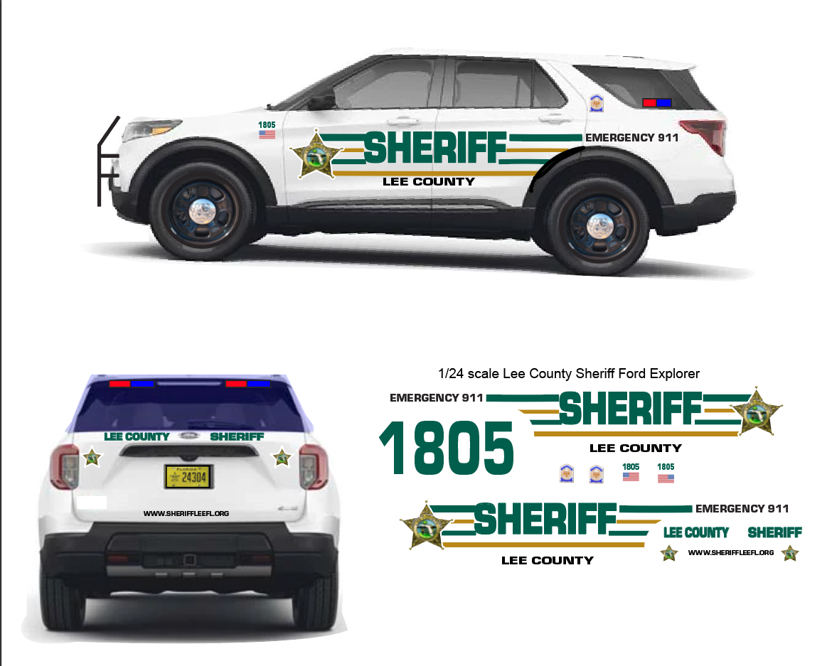 1/24 scale Lee County Sheriff Fl Waterslide Decals To Fit Motormax 2022 and 2015 Ford Explorer