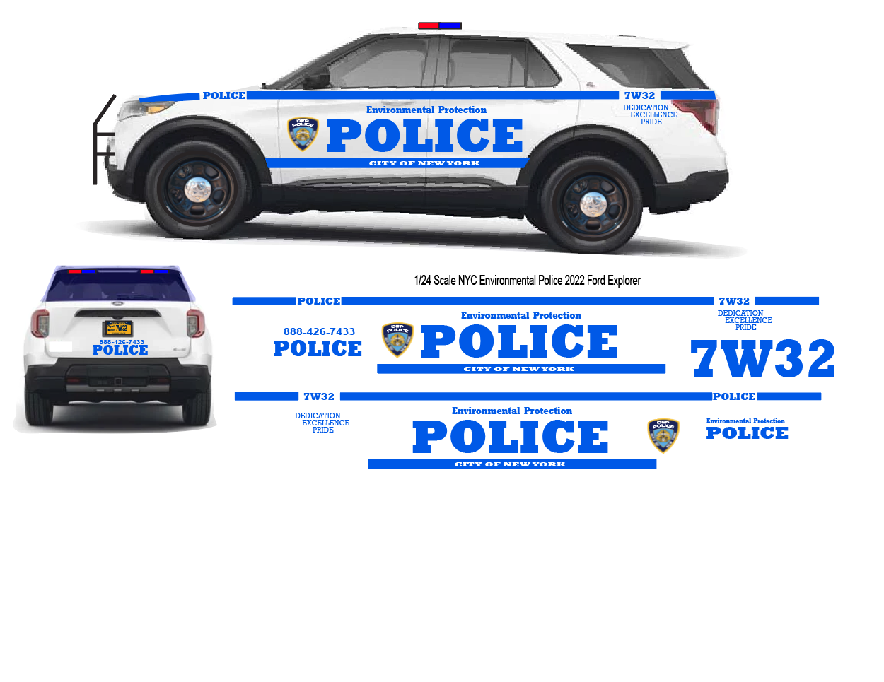 1/24 Scale NYC Environmental PD Waterslide Decals To Fit 2022 Motormax Ford Explorer