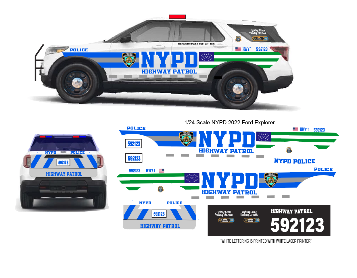1/24 Scale NYPD Highway Patrol Waterslide Decals to Fit 2022 Motormax Ford Explorer