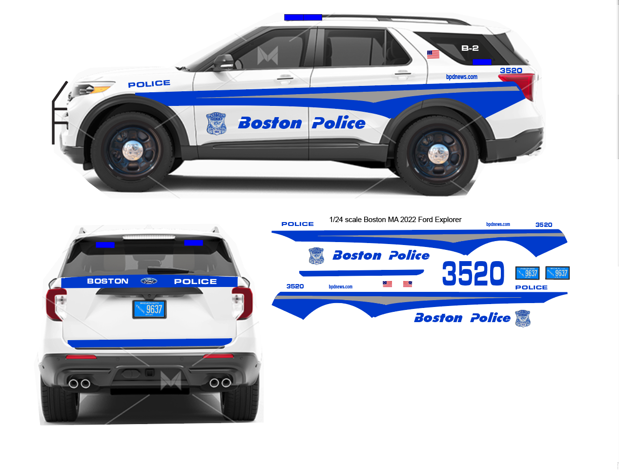 1/24 Scale Boston Massachusetts Police 2022 Ford Explorer Waterslide Decals β 4 Sets Included β Custom Made by Badboys Creations