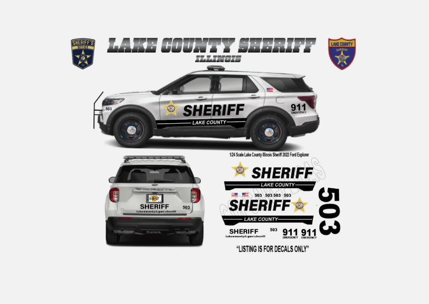 1/24 Scale Lake County Sheriff Illinois 2022 Ford Explorer Waterslide Decals – Approx. 4 Sets – Decals Only