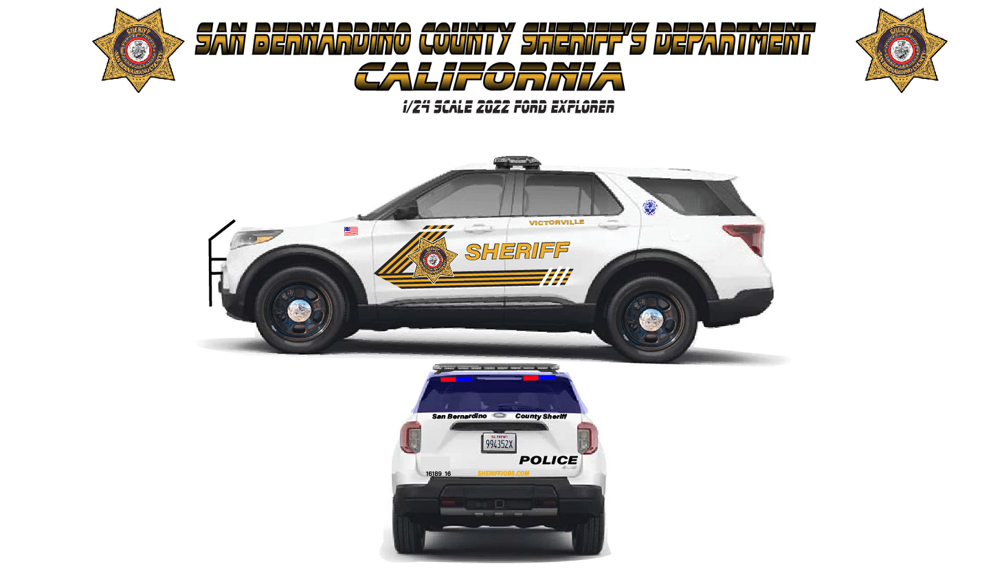1/24 Scale 2022 Ford Explorer San Bernardino County Sheriff California Diecast Model Replica – Custom Police SUV – Non-Working Lights | Badboys Creations