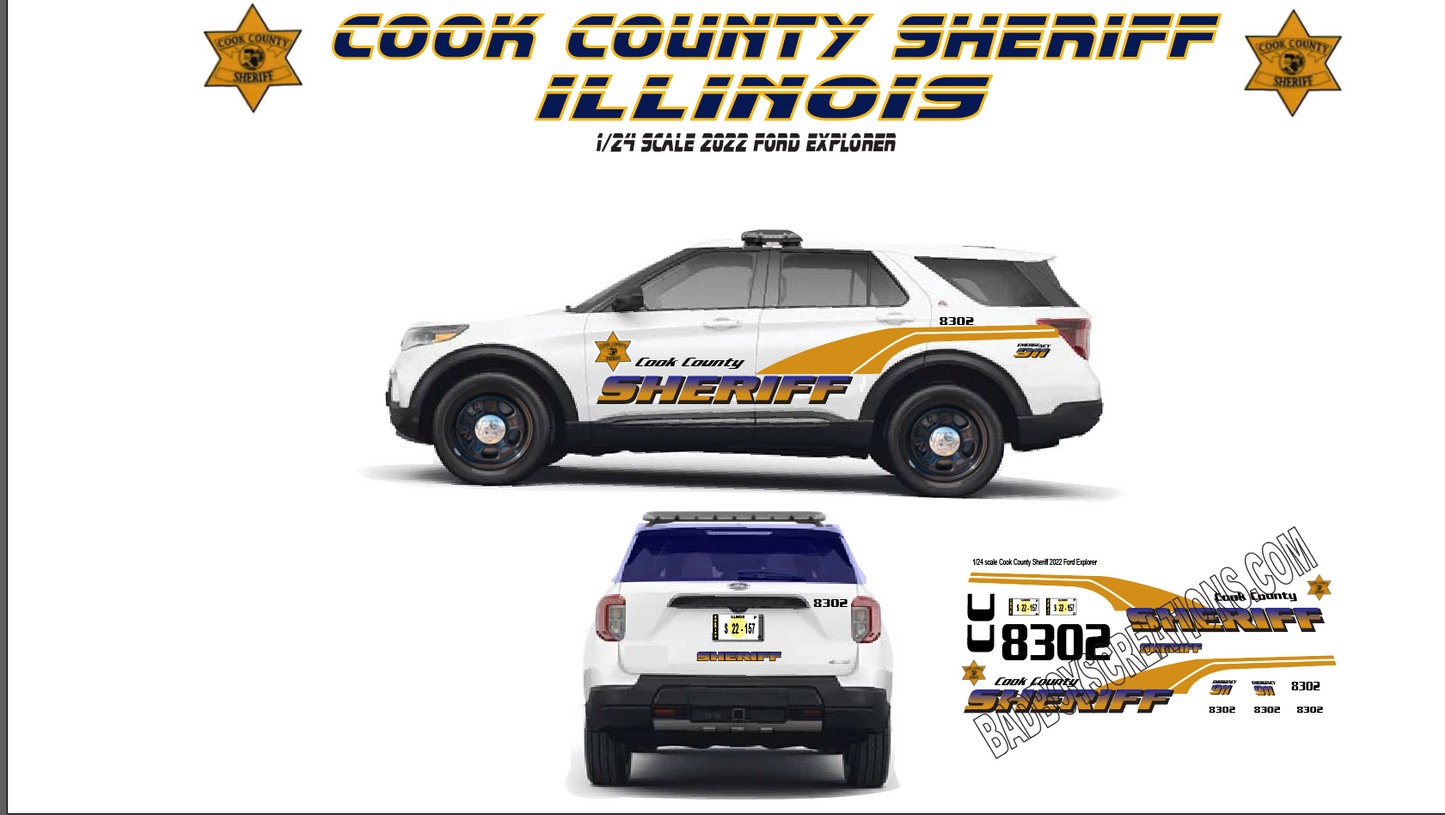 1/24 Scale 2022 Ford Explorer Cook County Illinois Sheriff Waterslide Decals – Police Diecast Graphics Set (Approx. 4 Sets) | Badboys Creations
