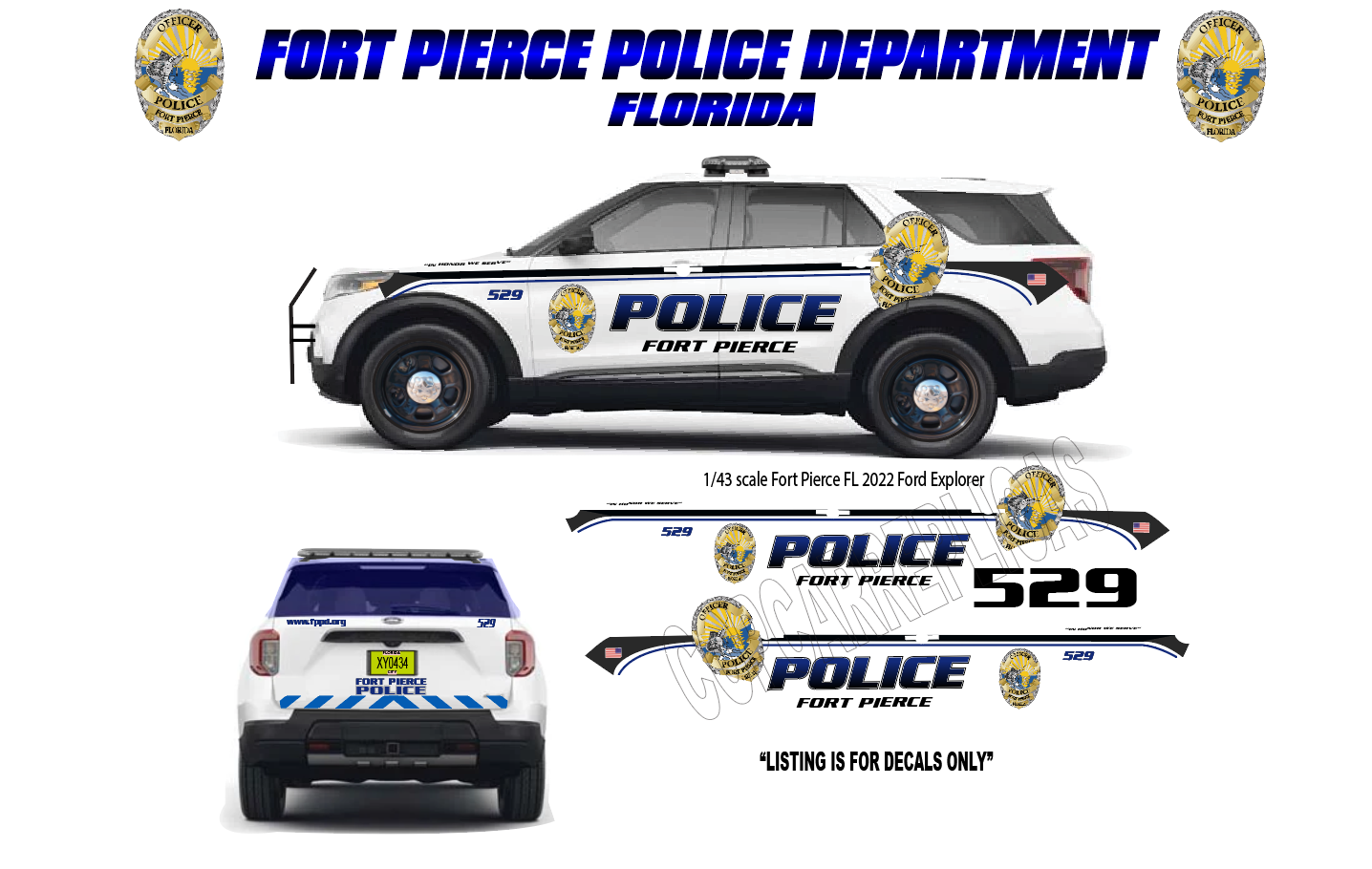 1/43 Fort Pierce Florida Police Decals ā 2022 Ford Explorer Waterslide Decals ā 1:43 Scale Police Graphics ā Approx 6 Sets ā Laser Printed