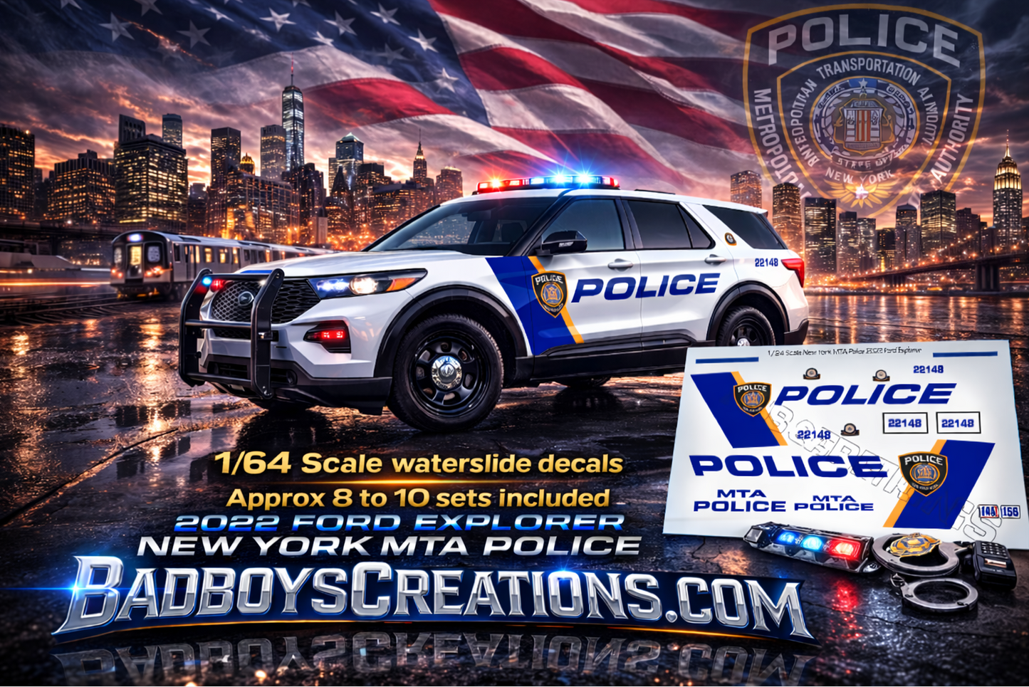 1/64 Scale 2022 Ford Explorer MTA Police Waterslide Decals – Laser Printed – Approx 8 to 10 Sets Included