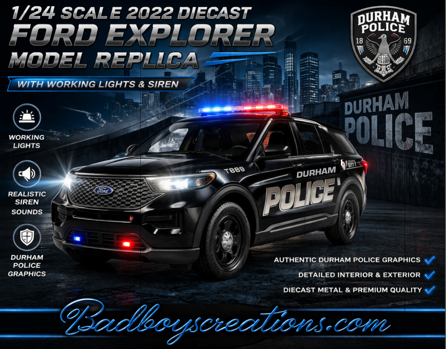 1/24 Scale 2022 Ford Explorer Durham North Carolina Police Diecast Model Car Replica ā Custom Made w/ Working Lights & Siren