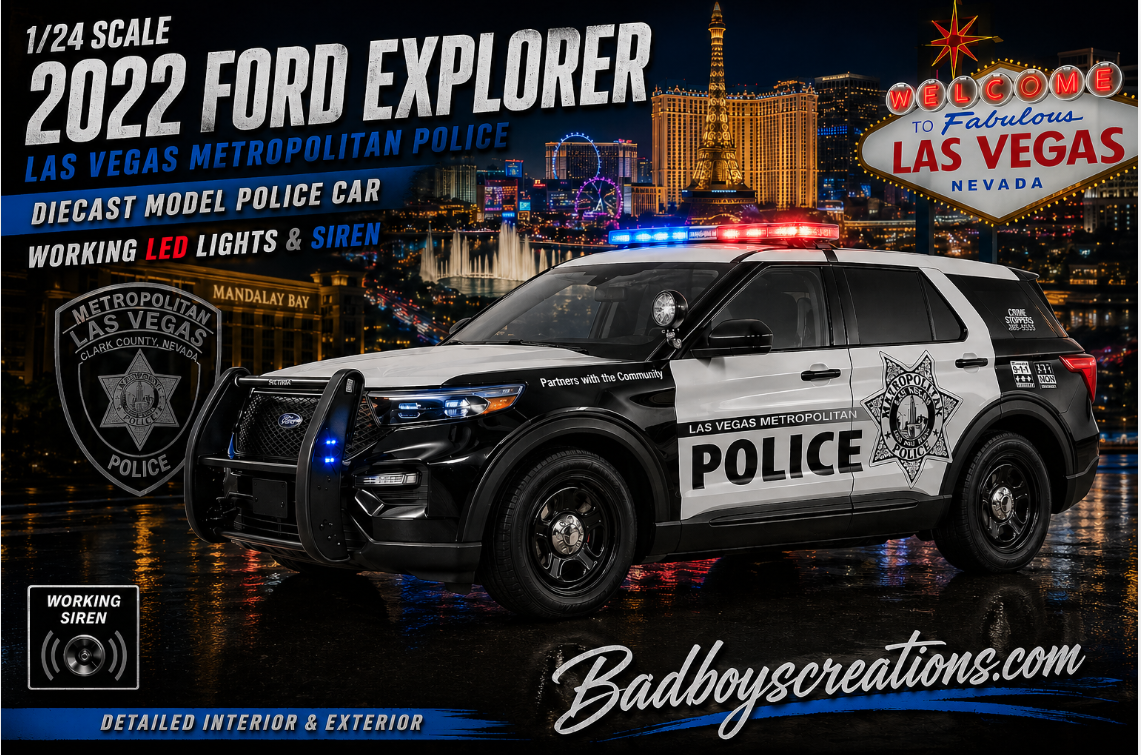 1/24 Scale 2022 Ford Explorer Las Vegas Metro Police Diecast Model Car ā Custom Made with Working LED Lights & Siren