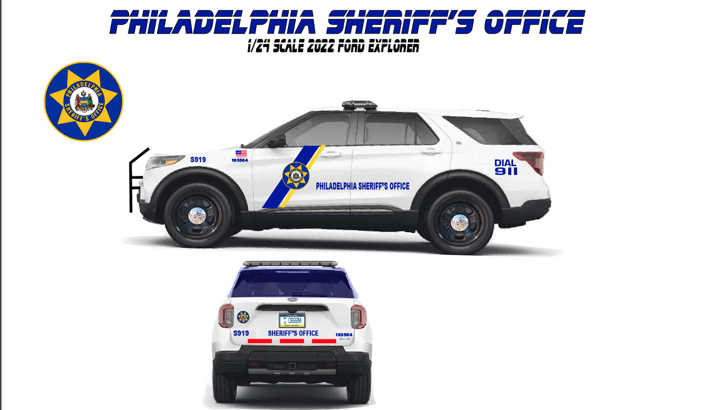 1/24 Scale Diecast Ford Explorer Philadelphia Sheriff’s Office Replica | Working Lights & Siren | Custom Police Model Car