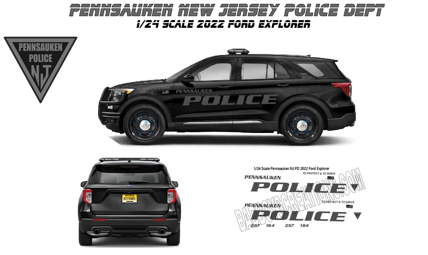 1/24 Scale Pennsauken New Jersey Police Waterslide Decals for 2022 Ford Explorer | Custom Police Graphics | Approx 4 Sets