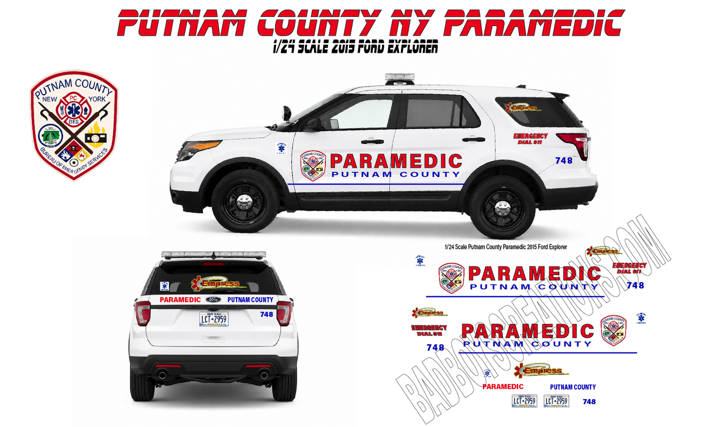 1/24 Scale Putnam County NY Paramedics Waterslide Decals for 2015 Ford Explorer | Custom EMS Graphics | Approx 4 Sets Included