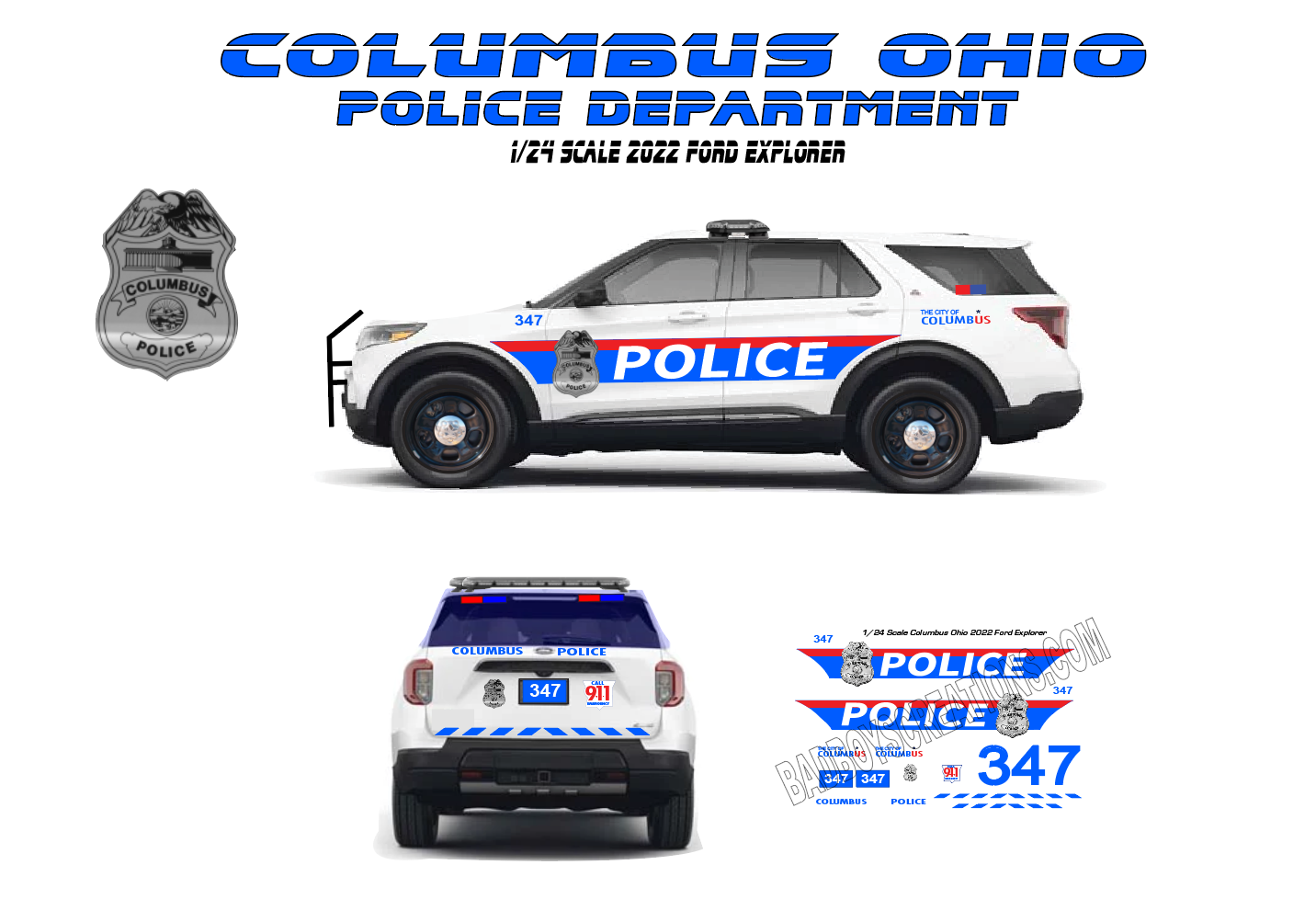 1/24 Scale Columbus Ohio Police Dept Waterslide Decals for 2022 Ford Explorer Model Car Replica