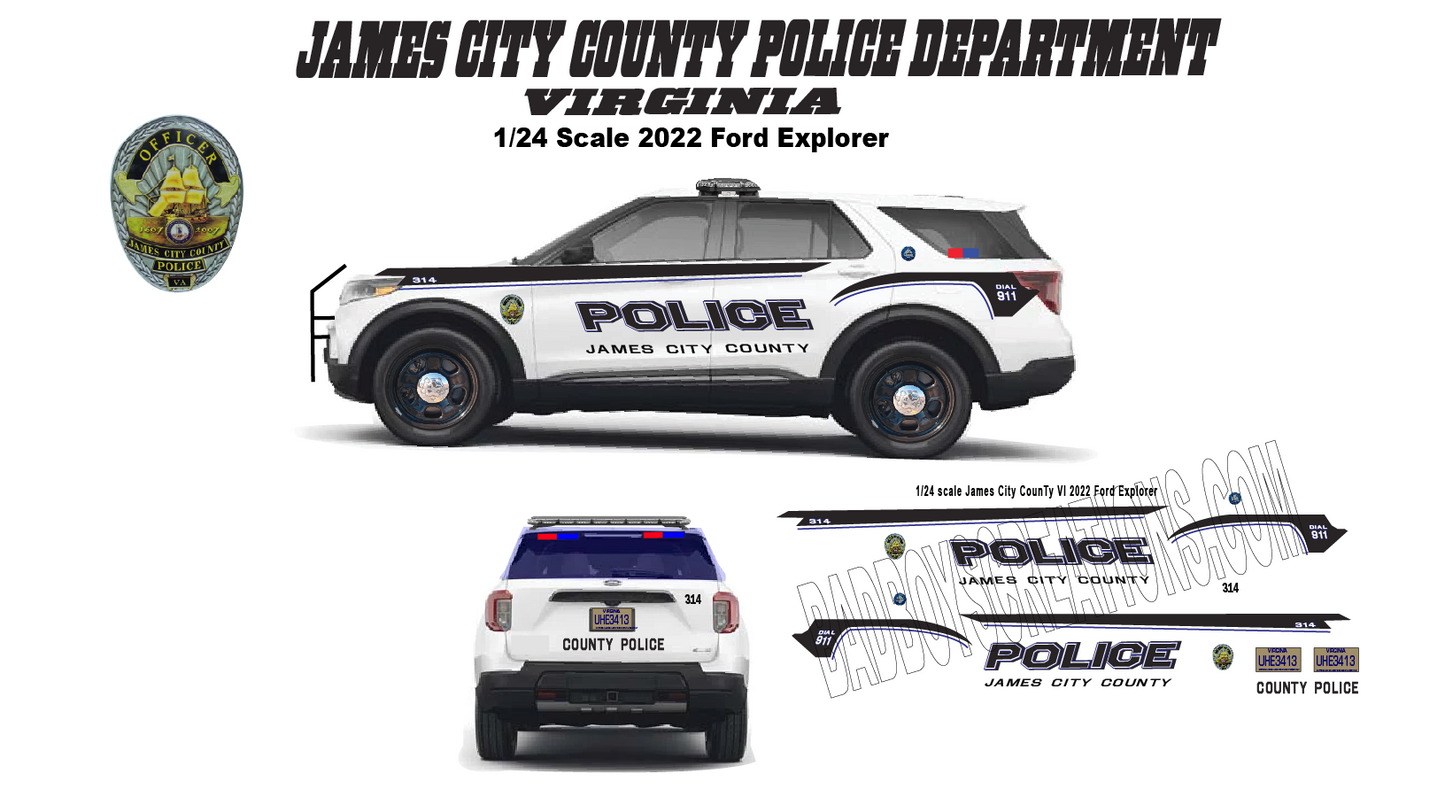 1/24 Scale James City County Virginia Police Waterslide Decals for 2022 Ford Explorer Model Car