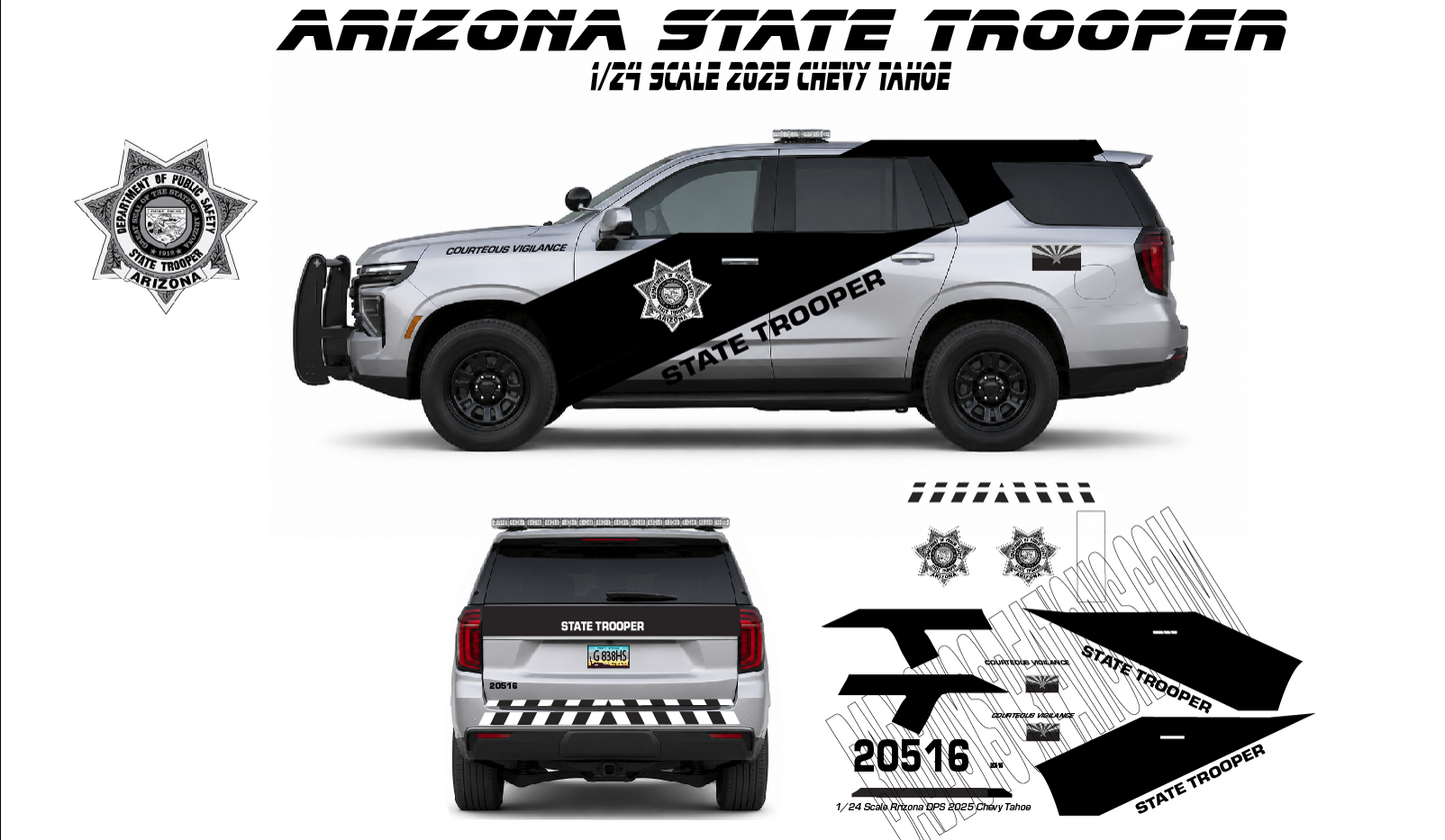 1/24 Scale Arizona State Trooper Waterslide Decals for 2025 Chevy Tahoe | Custom Police Graphics | Includes 3 Sets