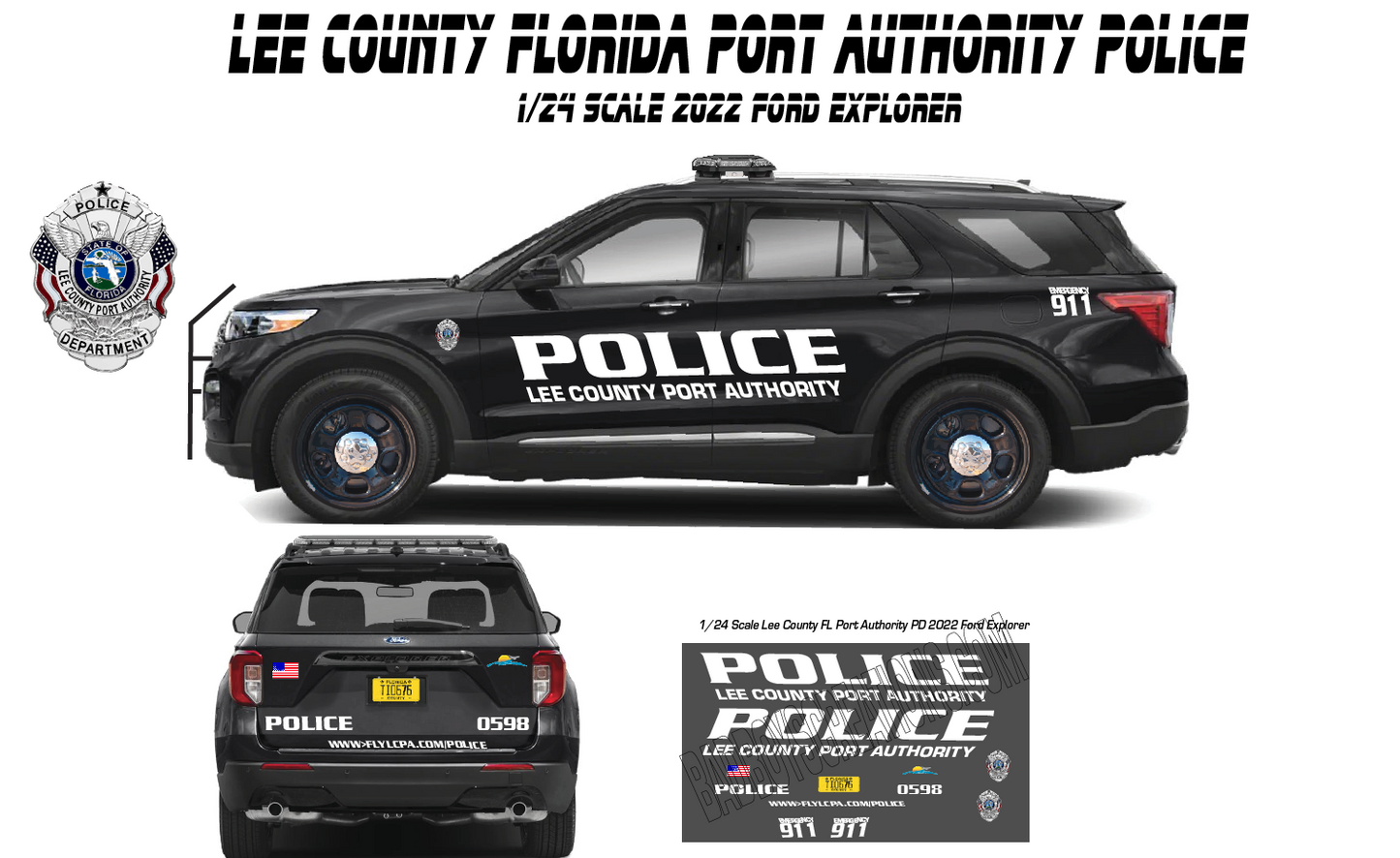 1/24 Scale Lee County Florida Port Authority Police Waterslide Decals for 2022 Ford Explorer | 4 Sets Included | White Toner Laser Printed