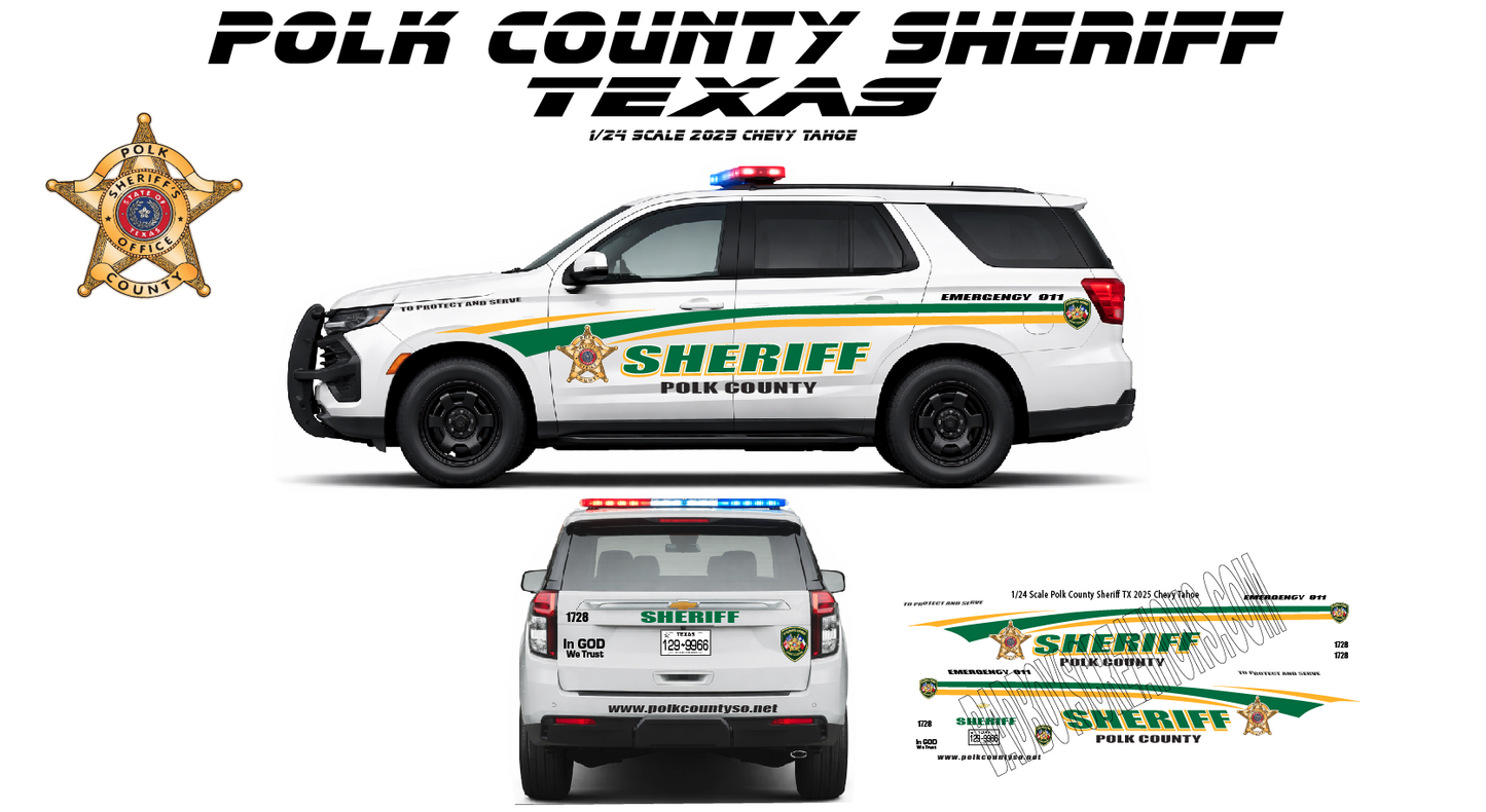 1/24 Scale Polk County Texas Sheriff Waterslide Decals for 2025 Chevy Tahoe | Custom Diecast Model Graphics | Approx. 4 Sets Included