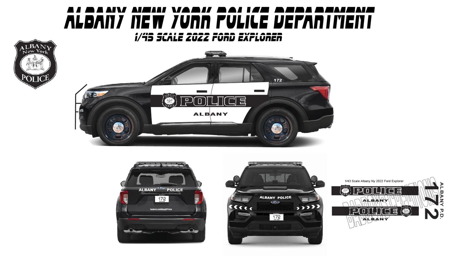 1/43 Scale Albany NY Police Department Waterslide Decals for 2022 Ford Explorer Model Car