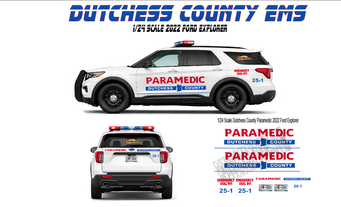 1/24 Scale Dutchess County NY EMS Waterslide Decals for 2022 Ford Explorer Diecast Model – Laser Printed – Approx. 4 Sets