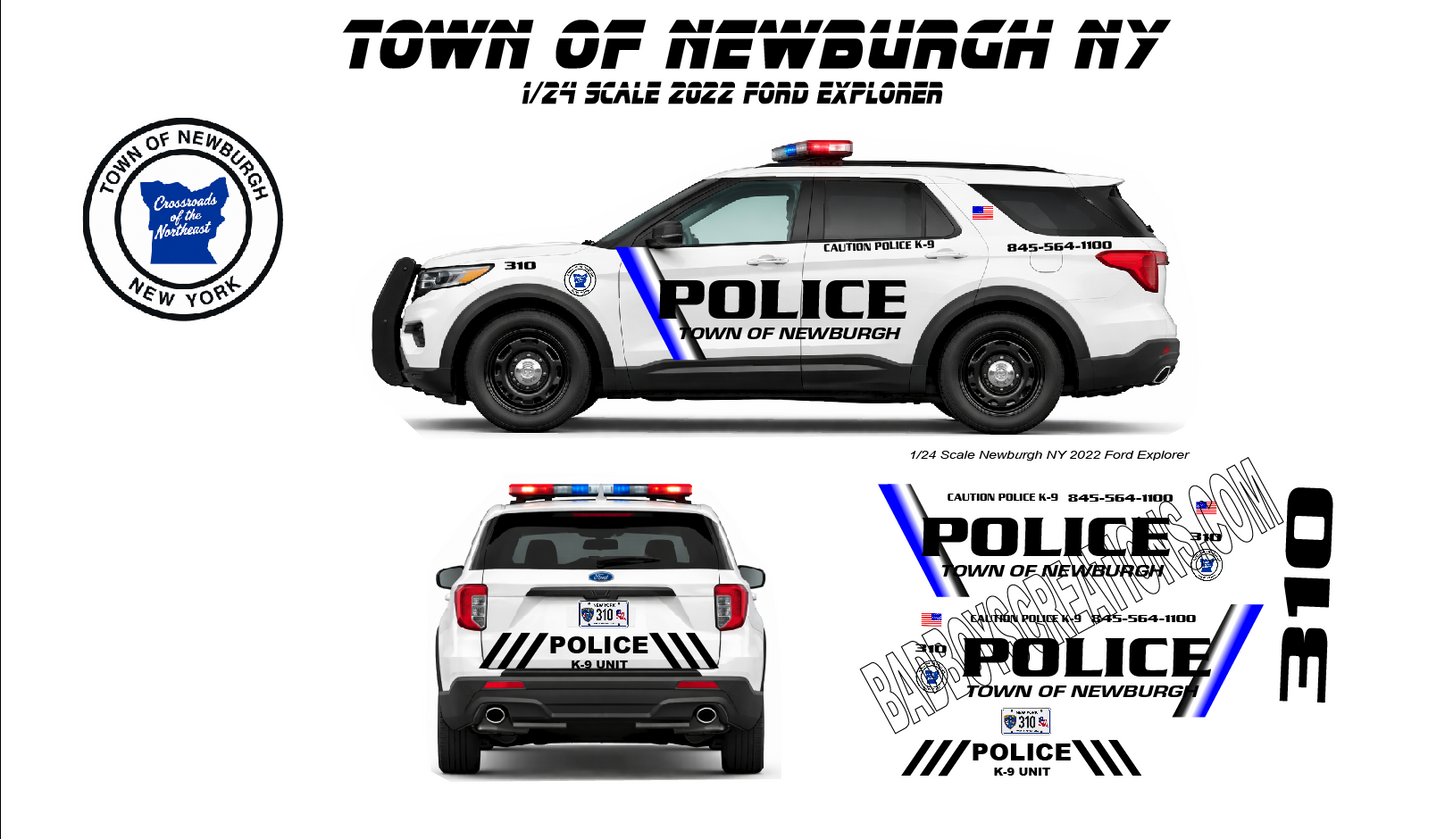 1/24 Scale Town of Newburgh NY Police Waterslide Decals for 2022 Ford Explorer Model Car