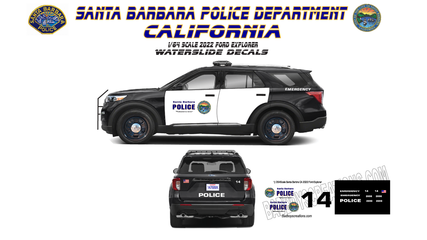 1/64 Scale Santa Barbara Police California 2022 Ford Explorer Waterslide Decals | Diecast Model Car Graphics | Laser Printed | 8-10 Sets Included