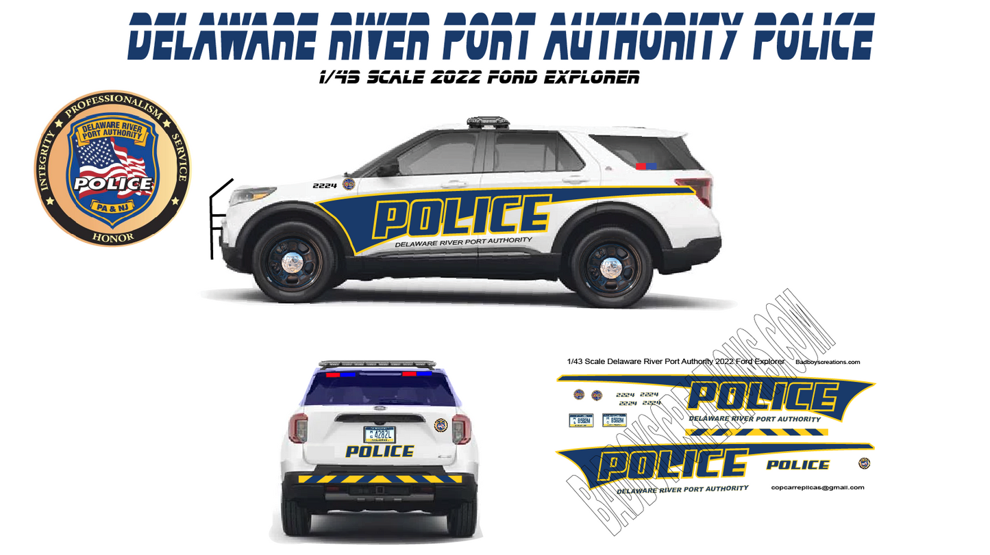 1/43 Scale Delaware River Port Authority Police Waterslide Decals – 2022 Ford Explorer | Approx. 8 Sets