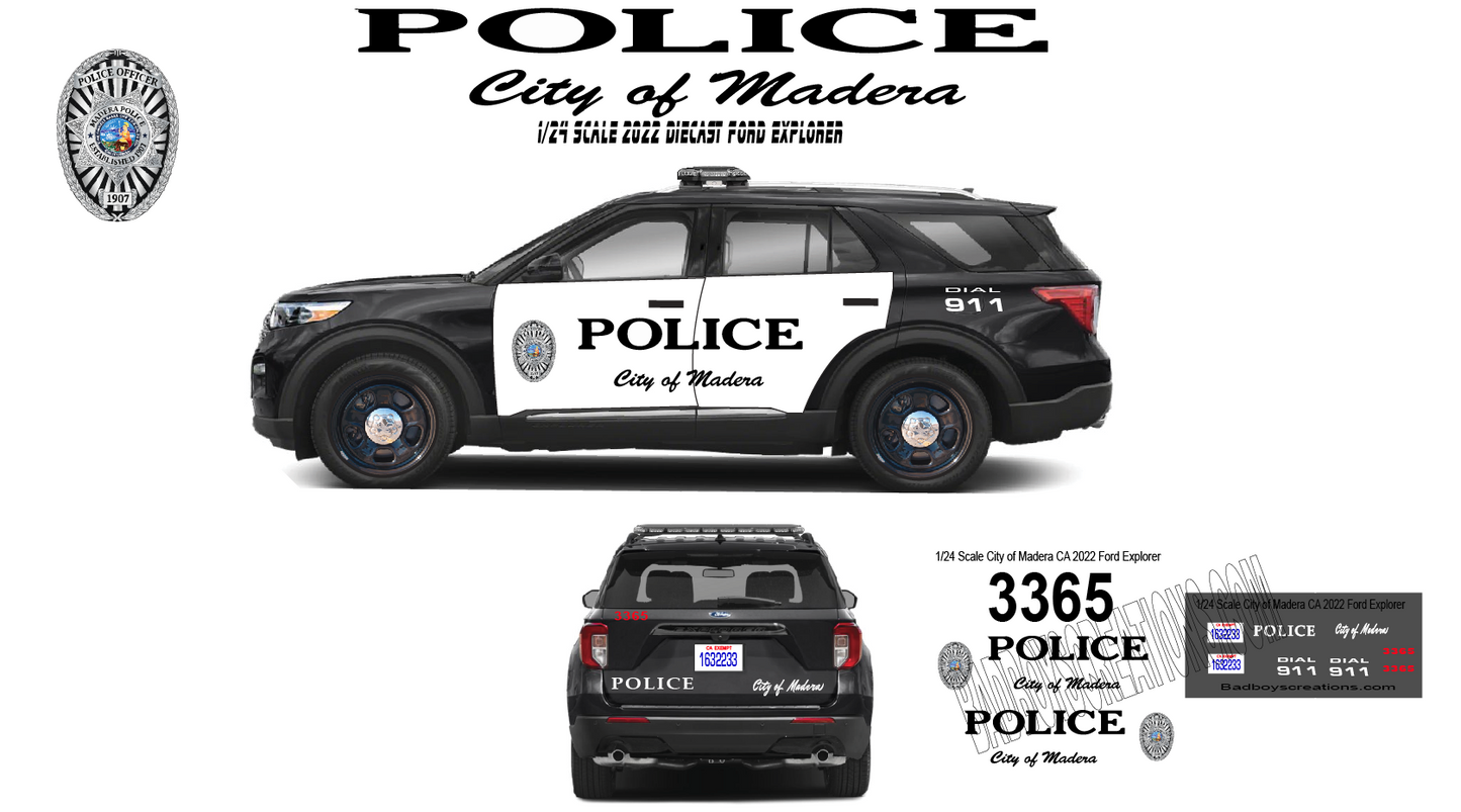 1/24 Scale City of Madera Police California Waterslide Decals for 2022 Ford Explorer – White Toner Printed – Approx. 4 Sets Included