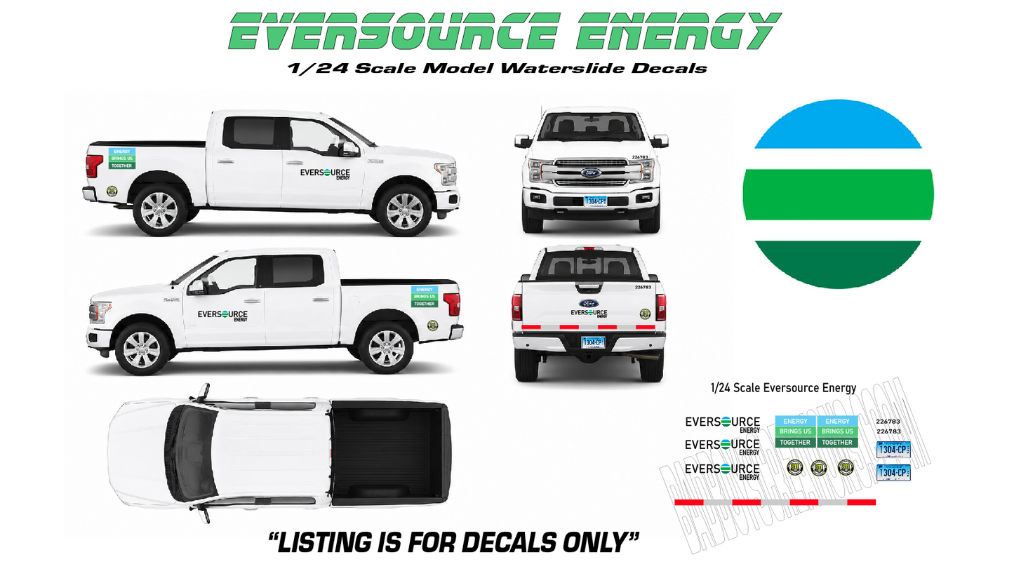 1/24 Scale Eversource Energy Waterslide Decals for Ford F-150 Utility Truck
