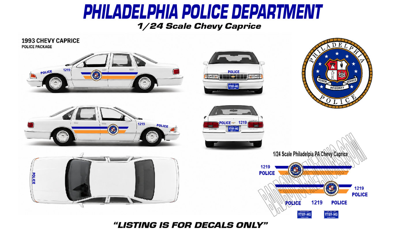 1/24 Scale Philadelphia Police 1990s Chevy Caprice Waterslide Decals –