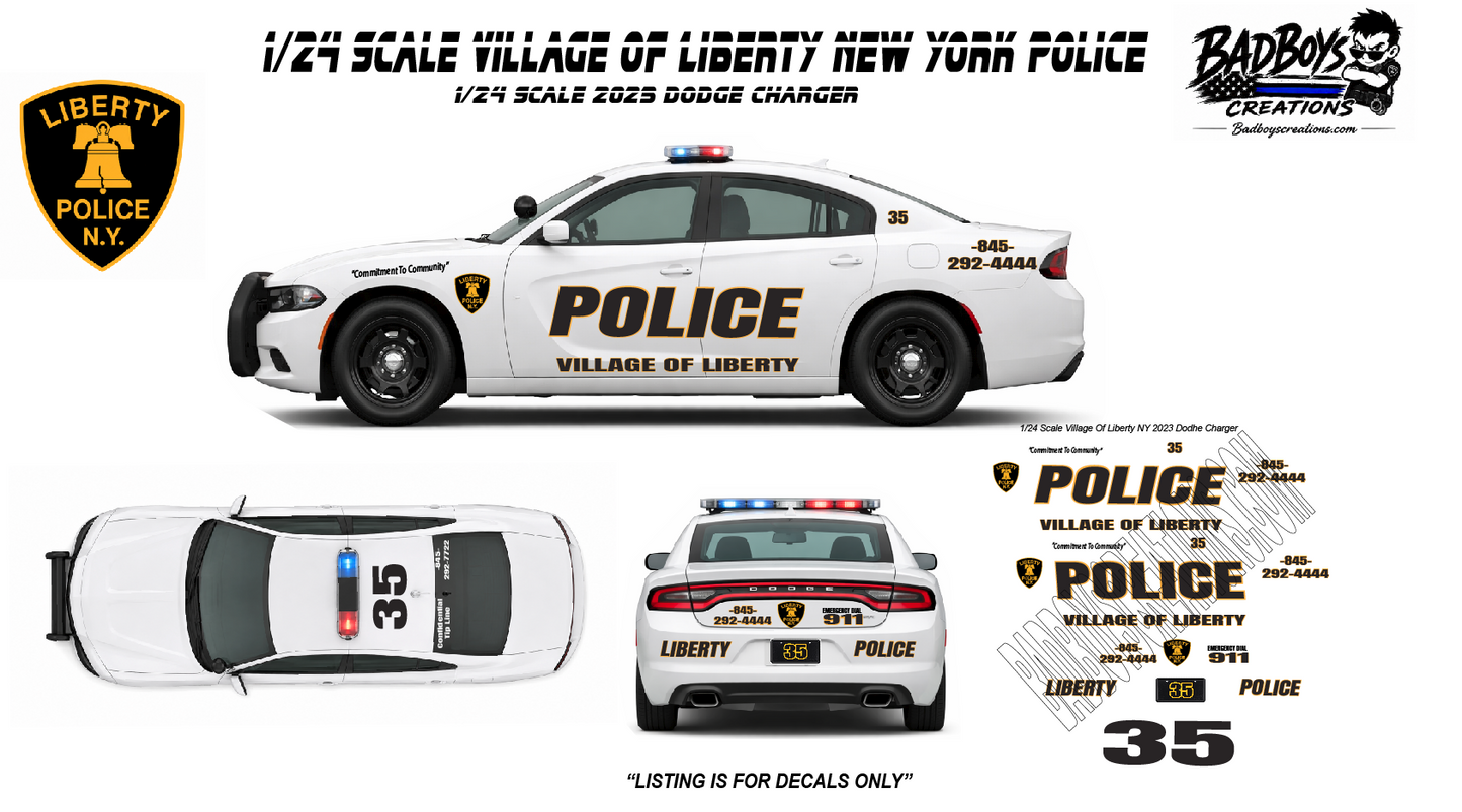 Village of Liberty NY Police Waterslide Decals – 1/24 Scale 2023 Dodge Charger
