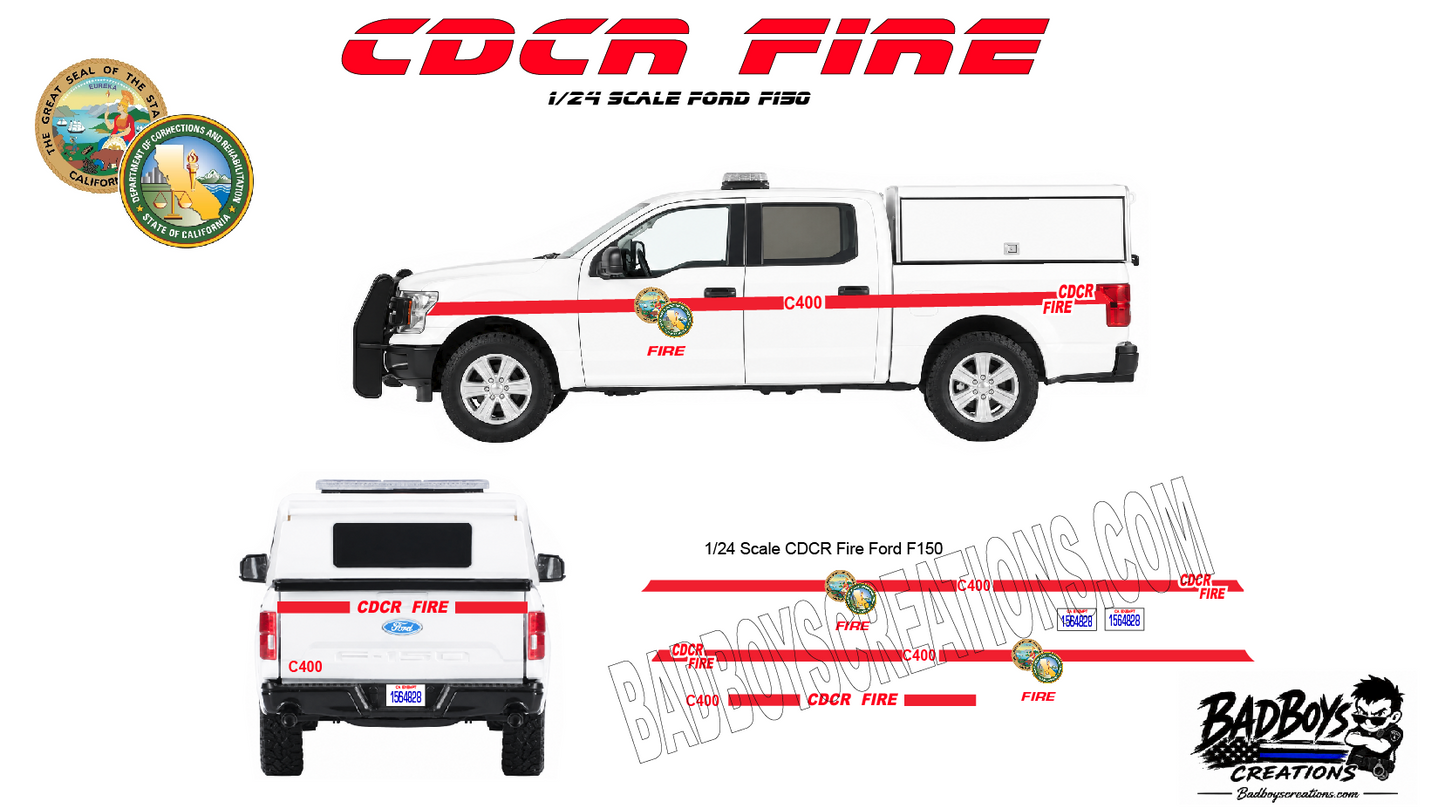 CDCR Fire Department Waterslide Decals for 1/24 Scale Ford F-150