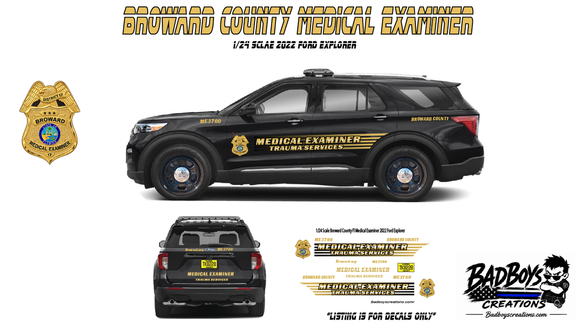 1/24 Scale Broward County FL Medical Examiner Waterslide Decals – Ford Explorer