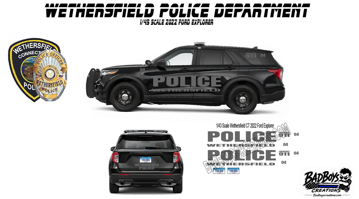 1/43 Wethersfield CT Police Stealth Waterslide Decals – 2022 Ford Explorer
