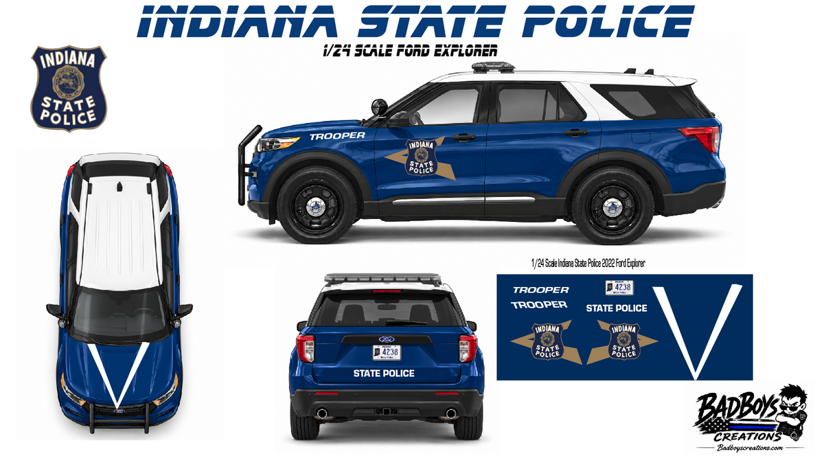 1/24 Scale Indiana State Police Waterslide Decals – 2022 Ford Explorer – Blue & White Version