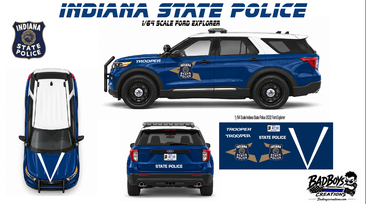 1/64 Scale Indiana State Police Waterslide Decals – 2022 Ford Explorer – Blue & White