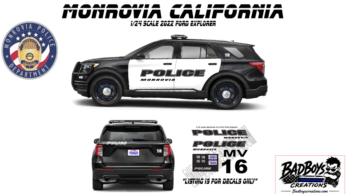 1/24 Scale Monrovia Police California Waterslide Decals – 2022 Ford Explorer