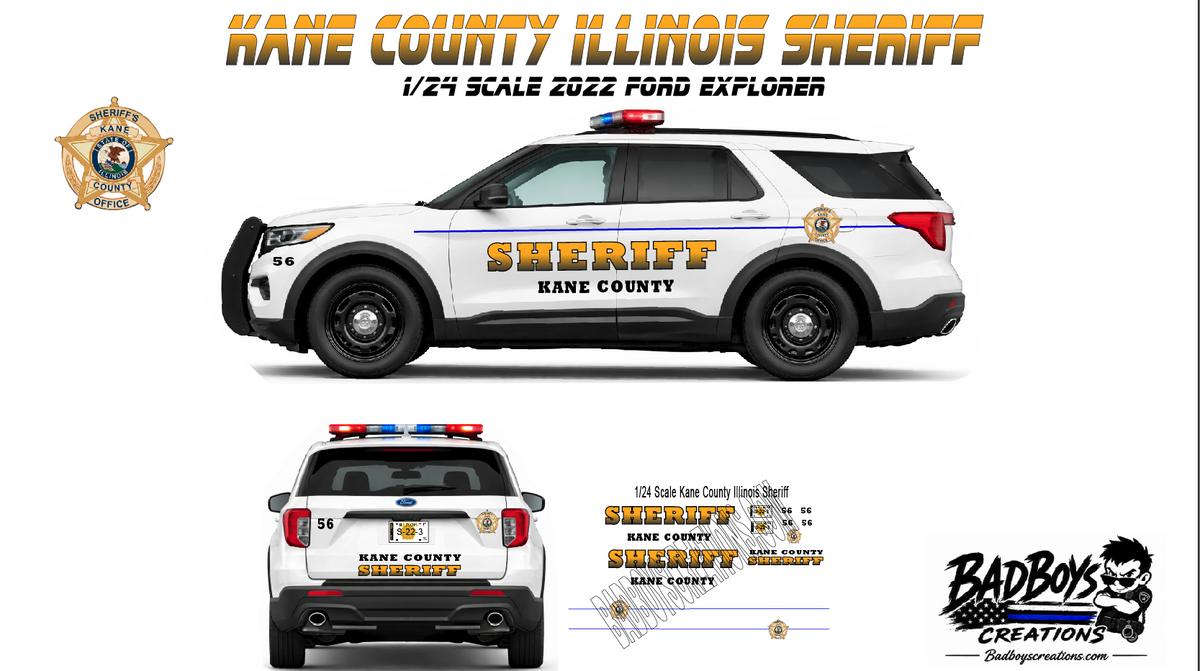 1/24 Kane County Illinois Sheriff Waterslide Decals – 2022 Ford Explorer Police SUV