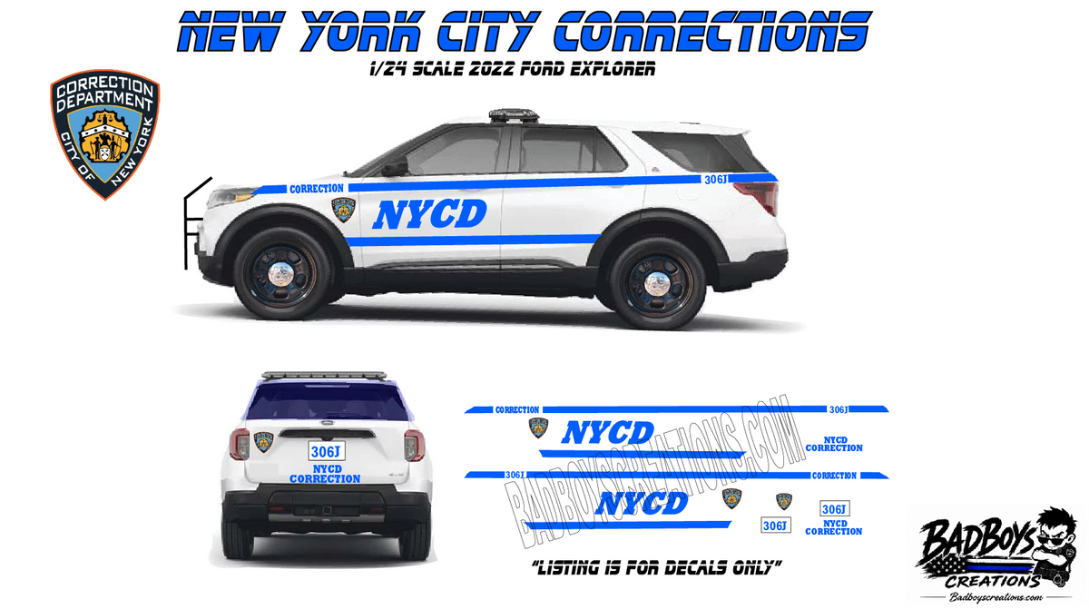NYC Corrections Waterslide Decals – 1/24 Scale 2022 Ford Explorer Police Model