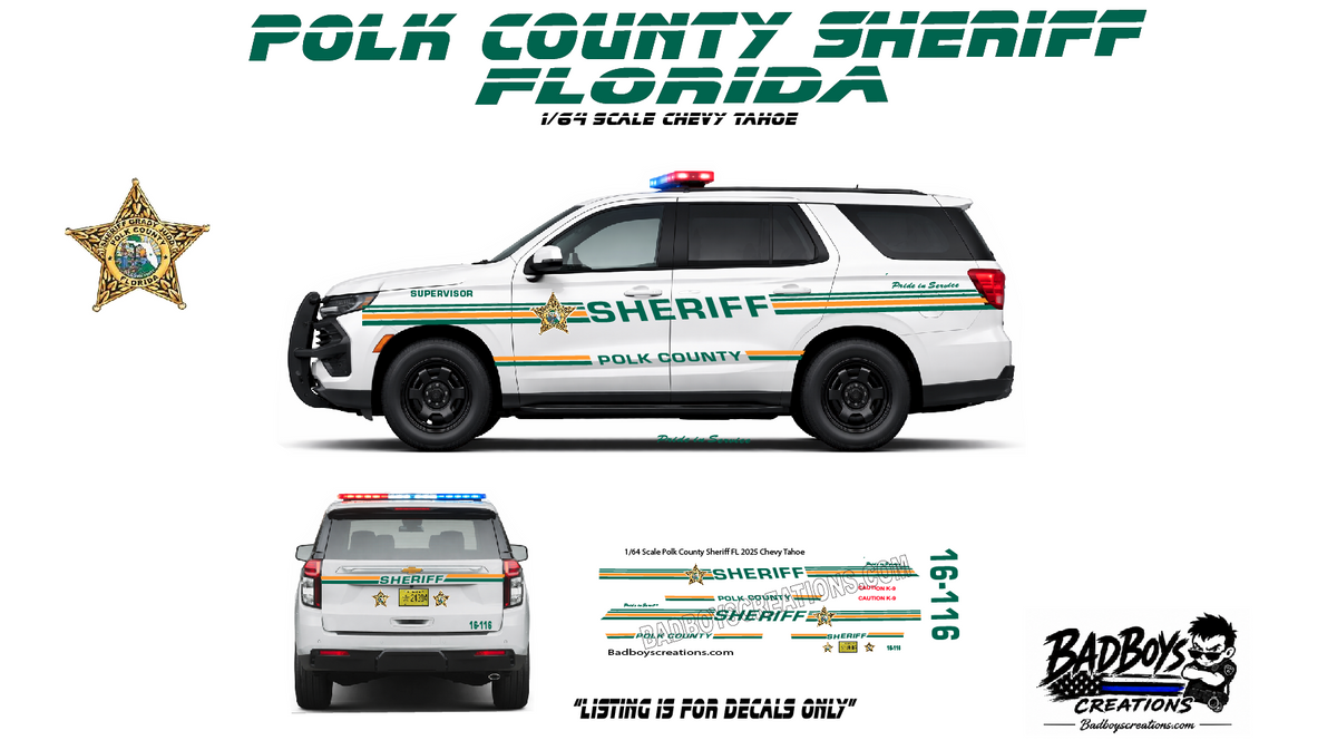 1/64 Polk County Sheriff Florida Waterslide Decals – 2025 Chevy Tahoe