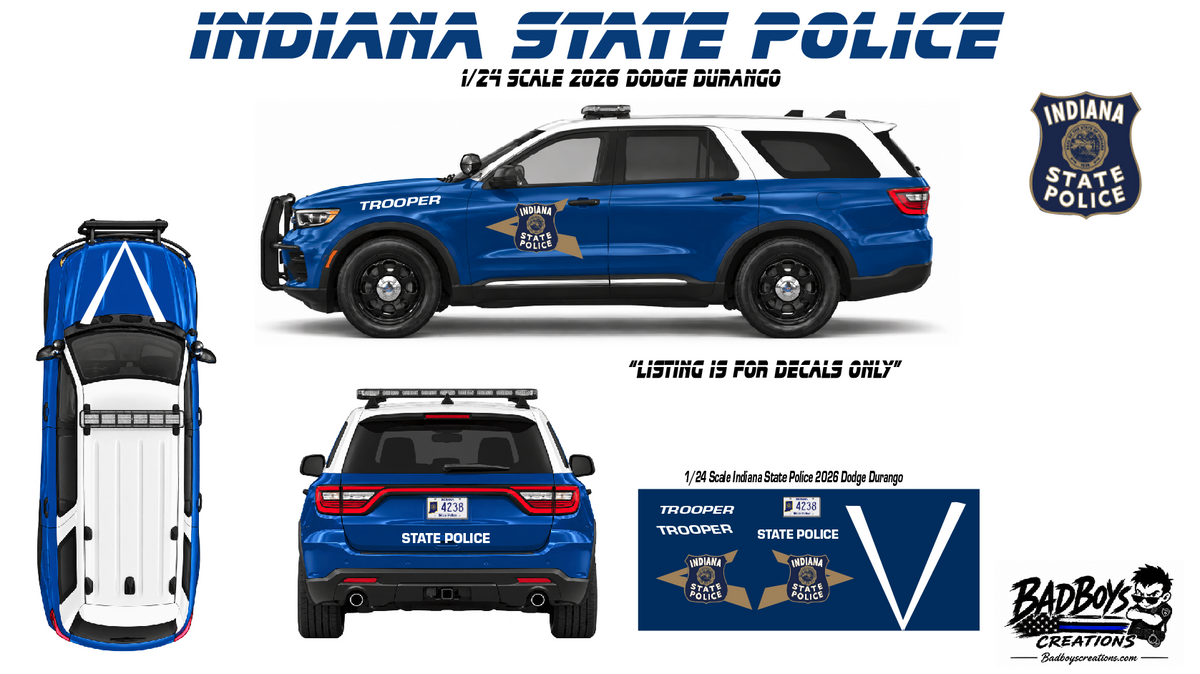 Indiana State Police 1/24 Scale Waterslide Decals – 2026 Dodge Durango – Motormax
