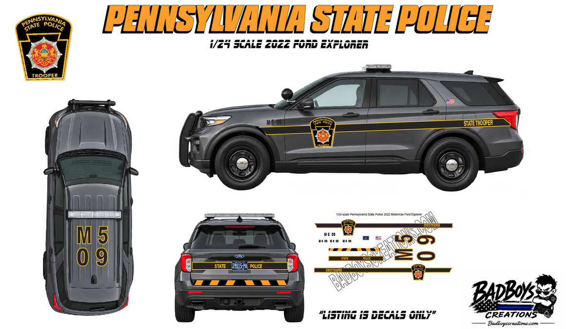 Pennsylvania State Police 2022 Ford Explorer Dark Gray – 1/24 Scale Waterslide Decals