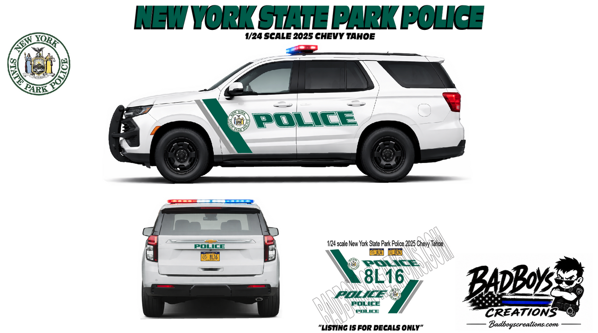 1/24 Scale New York State Park Police Waterslide Decals – 2025 Chevy Tahoe