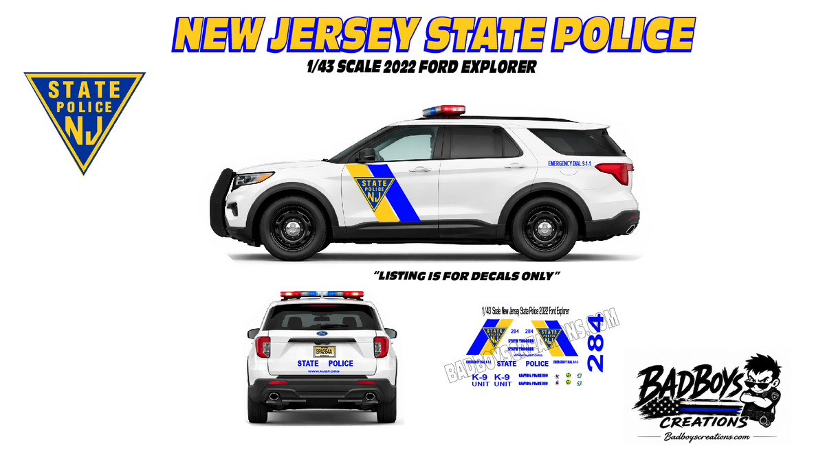 1/43 Scale New Jersey State Police Waterslide Decals – 2022 Ford Explorer NJSP