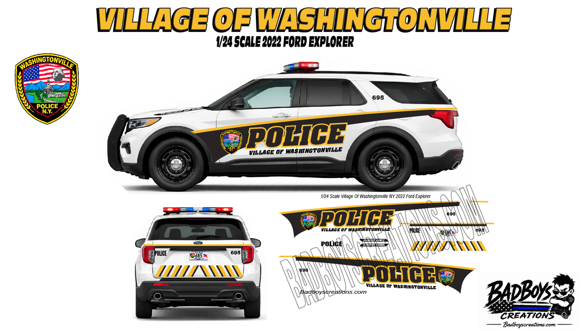 Washingtonville NY Police Waterslide Decals – 1/24 Scale 2022 Ford Explorer MotorMax